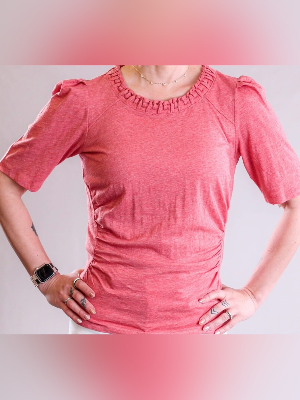 NWOT Democracy Soft Stretchy Knit Women's Size M Light Rust Color Ruched Shirt
